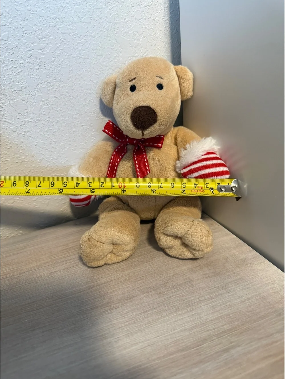 Cute Beige Plush Teddy Bear with Red Bow and Striped Mittens